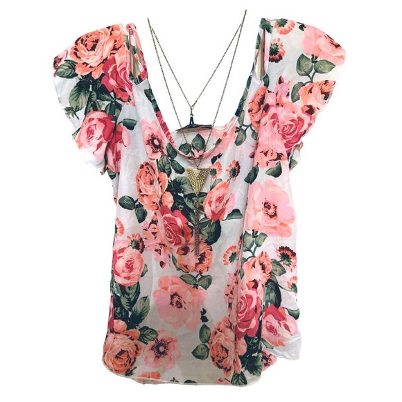 Say Anything Floral Print Off Shoulder Blouse With Necklace Size M - Picture 1 of 7
